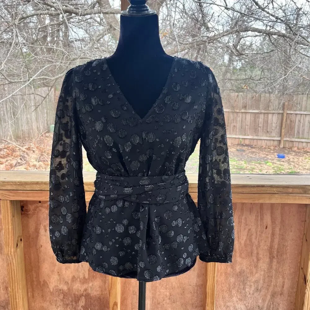 J.Crew Women's Tie-Waist V-Neck Blouse In Black Metallic Dot Size XS